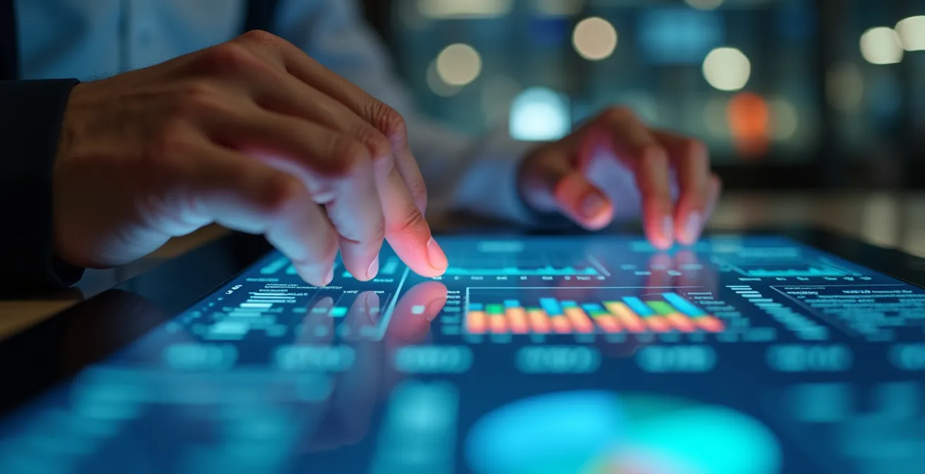 Gros plan sur des mains manipulant des graphiques et données numériques sur un écran lumineux, texture tactile, lumière douce