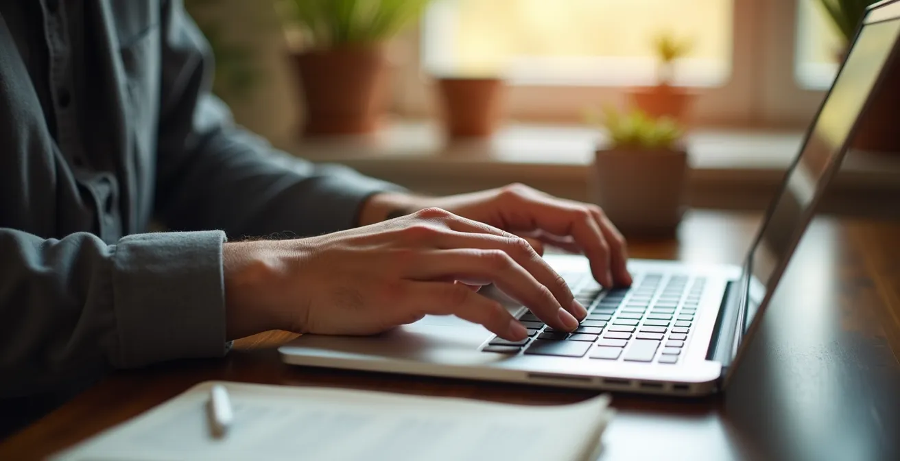 Une personne rédigeant sur ordinateur un texte avec un environnement lumineux et chaleureusement texturé