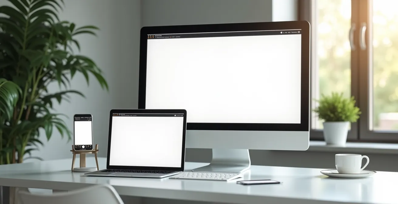Vue d’ensemble d’un site web responsive sur divers appareils modernes, composition épurée, textures fines sous lumière naturelle douce