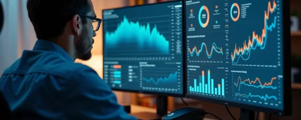 Illustration principale montrant un bureau moderne avec plusieurs écrans affichant des graphiques SEO, une personne concentrée analysant des données, éclairage cinématographique et composition épurée