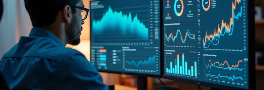 Illustration principale montrant un bureau moderne avec plusieurs écrans affichant des graphiques SEO, une personne concentrée analysant des données, éclairage cinématographique et composition épurée